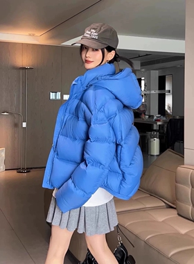 白鸭绒蓝色泡芙2025冬季短款羽绒服女 小个子保暖面包服加厚外套