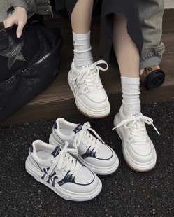 2026春夏印花字母休闲系带真皮百搭厚底圆头板鞋 罗曼风情6022 女鞋