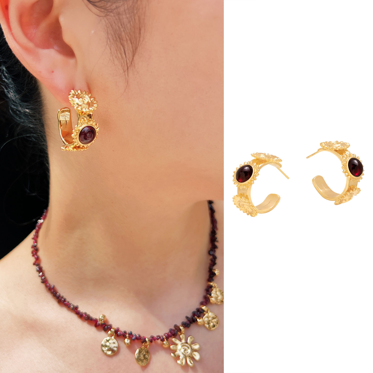 【秋冬新品】莓拉「古城光辉」立体太阳纹石榴石复古红C型耳圈女
