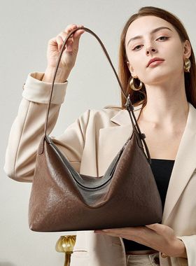 秋冬复古头层植鞣牛皮斜挎Hobo包 通勤百搭真皮高级感单肩腋下包