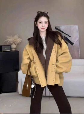 外套女秋冬2025双面【两件套大衣羊绒斗篷黄色女连帽】新款设计感