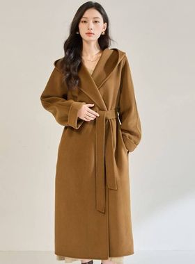 长款双面女浴袍休闲翻领22672秋冬呢大衣新款外套25宽松连帽时尚