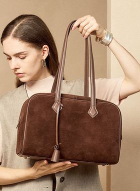 头层磨砂麂皮波士顿保龄球包大容量女托特真皮高级感单肩腋下包