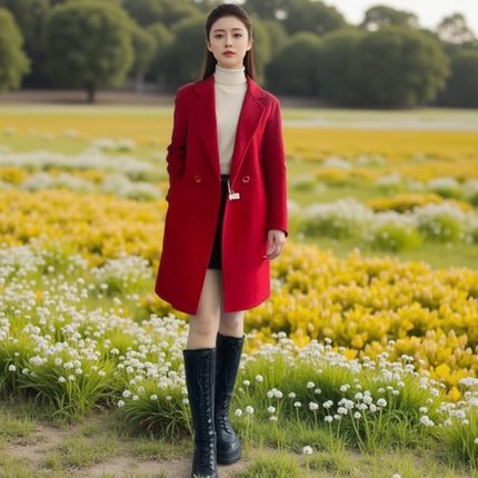 春装双面羊绒大衣女中长款2025新款西装领修身显瘦小个子羊毛外套