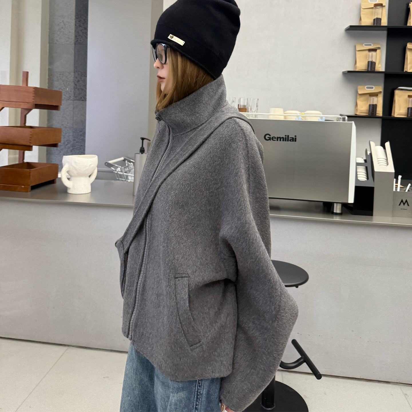 小个子斗篷韩版立领双面羊绒羊毛短款大衣女宽松显瘦百搭通勤外套