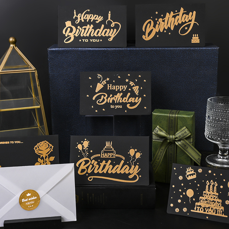 复古文艺黑色烫金英文贺卡信封套装高档高颜值ins风创意学生留言卡diy可手写卡片寄语节日生日聚会商务邀请函