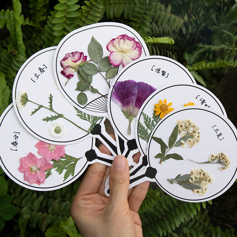 手绘空白扇子书签小卡片ins小清新流苏压花植物手写学生用干花幼儿