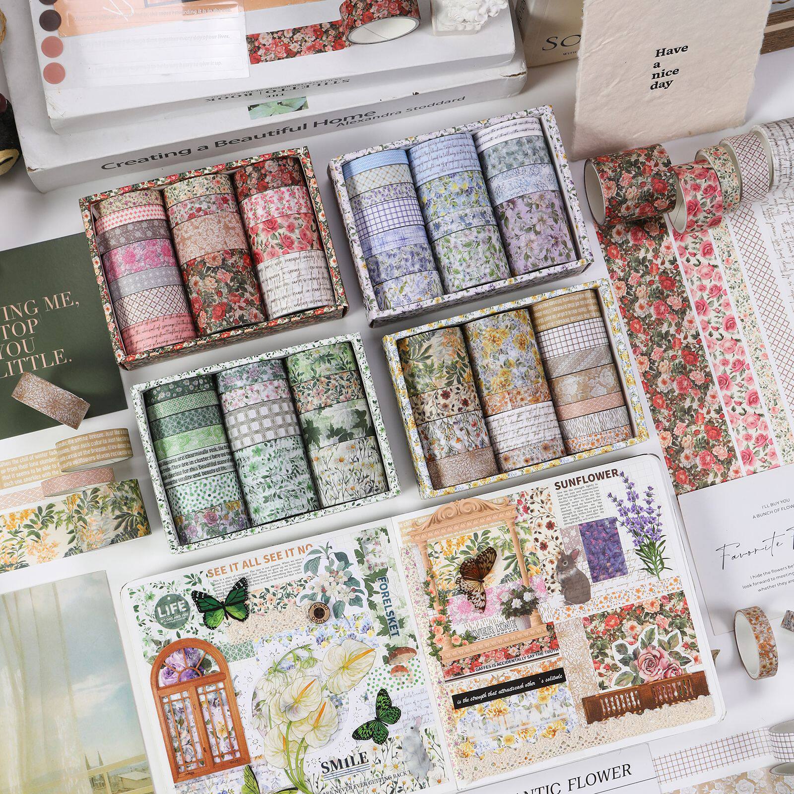 复古植物花卉和纸胶带高颜值文艺基础胶带盒装儿童手账日记diy边框打底装素材贴纸少女心小礼物彩色包装胶带