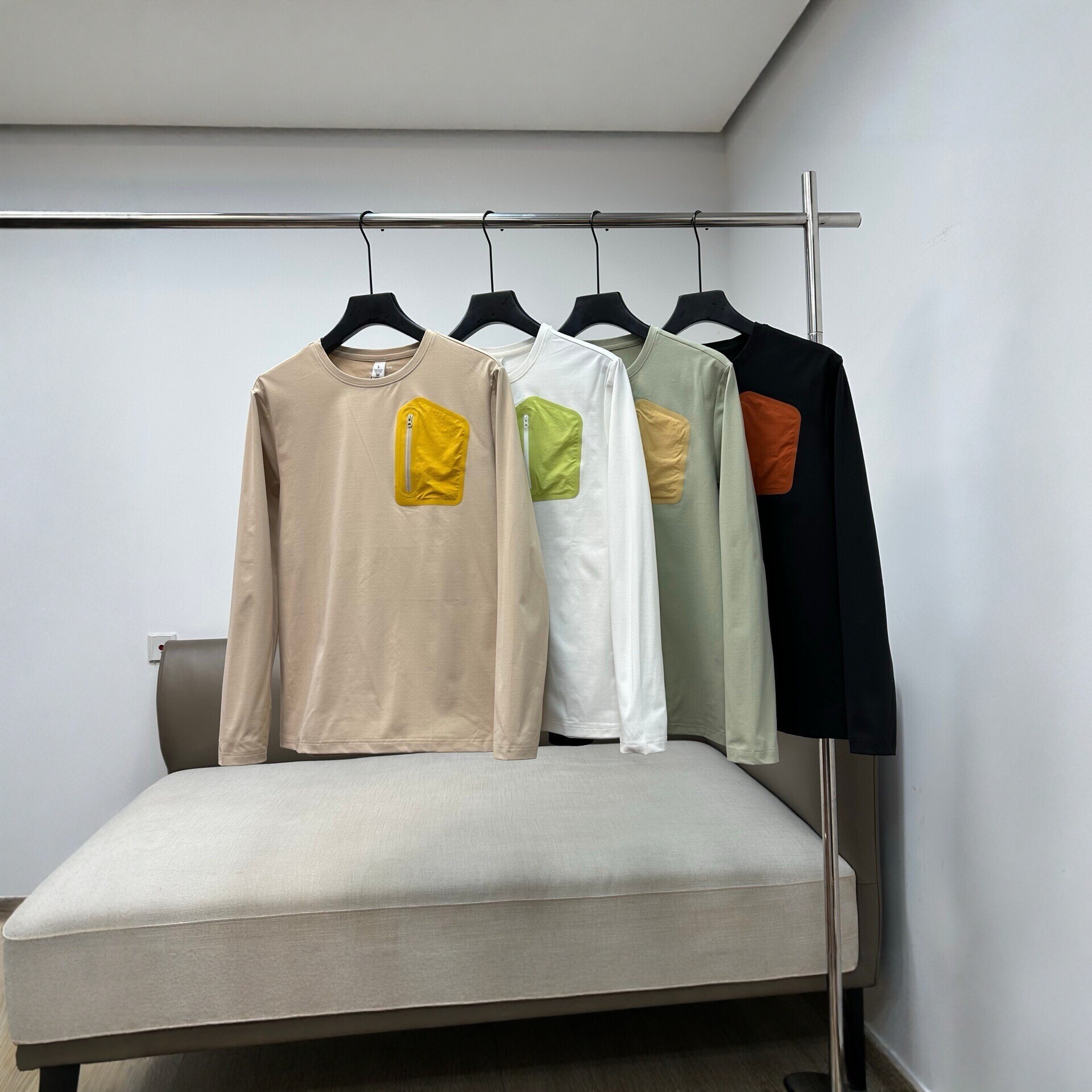 【鸟】MMcs04男式长袖T恤圆领冰感透气拼色口袋设计百搭基础款T