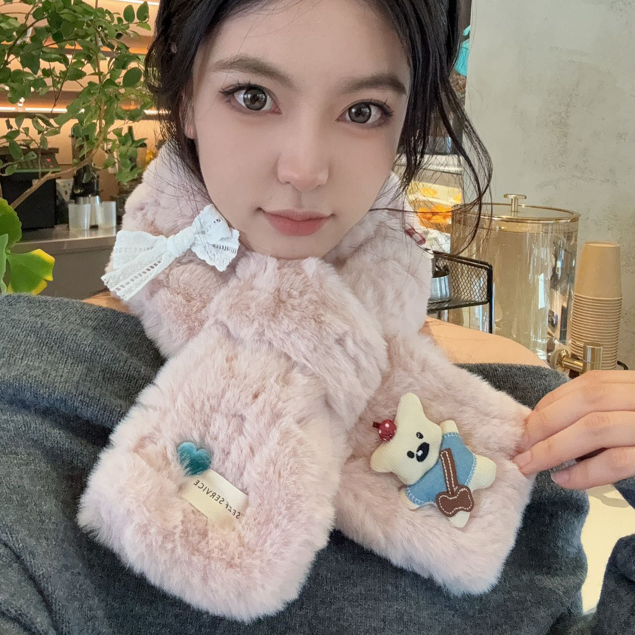 围巾女生冬可爱卡通小熊毛绒交叉