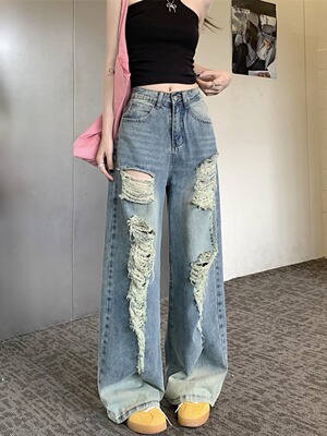 复古超火破洞牛仔女夏季薄款直筒