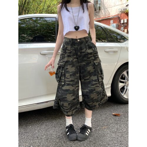 大口袋工装迷彩裤女七分牛仔短裤
