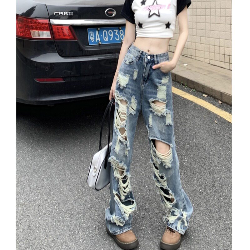 复古前后破洞牛仔裤女夏季直筒裤