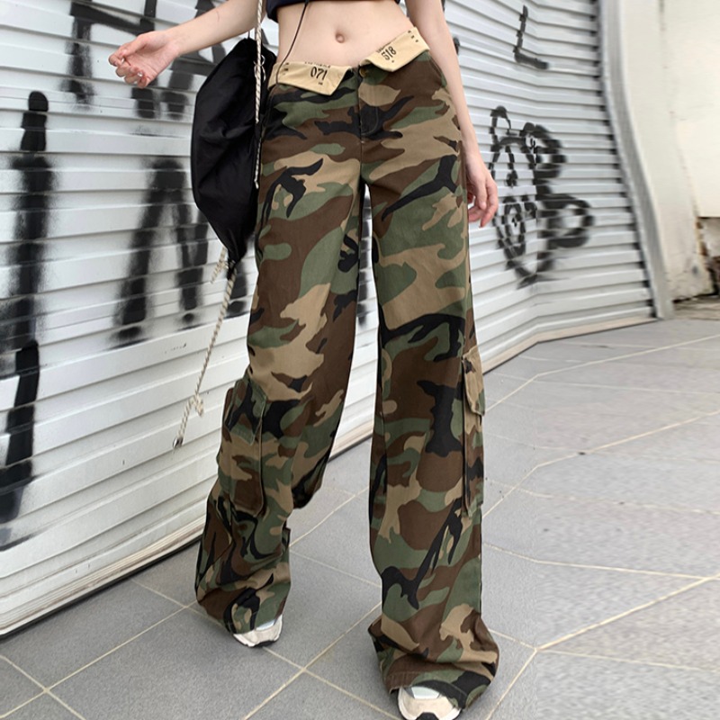 刺绣字母翻边迷彩工装裤子阔腿牛仔裤女夏薄款低腰显瘦宽松拖地裤