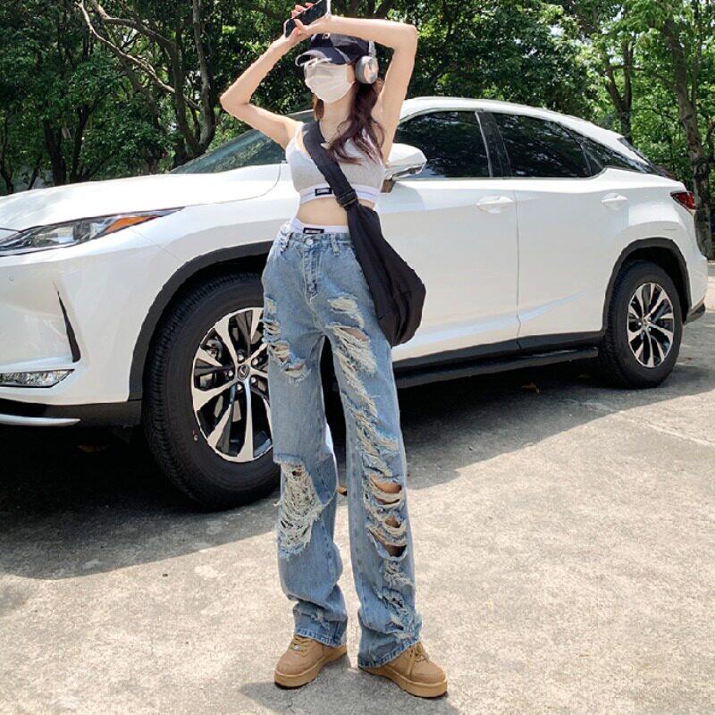 前后破洞牛仔裤女秋季加长直筒裤