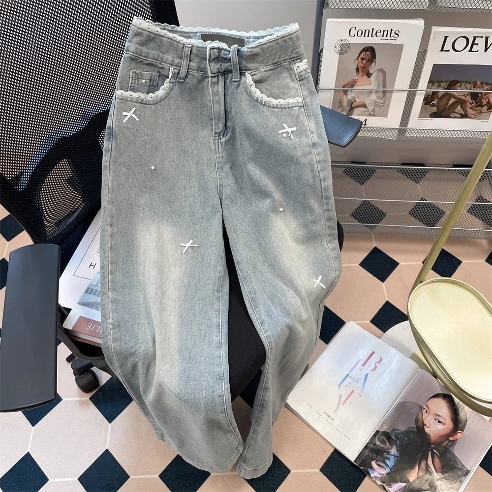 蕾丝拼接立体蝴蝶结牛仔裤女2025年春秋新款高腰直筒宽松阔腿裤子