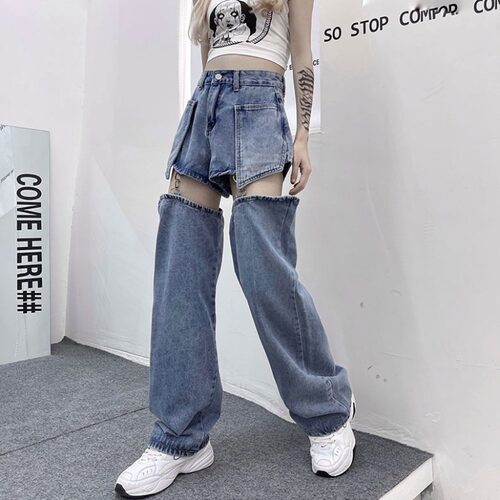 可拆卸截断式牛仔裤女高腰阔腿裤