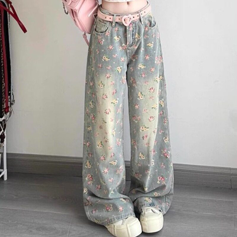 高街浅复古蓝碎花牛仔裤子女初秋