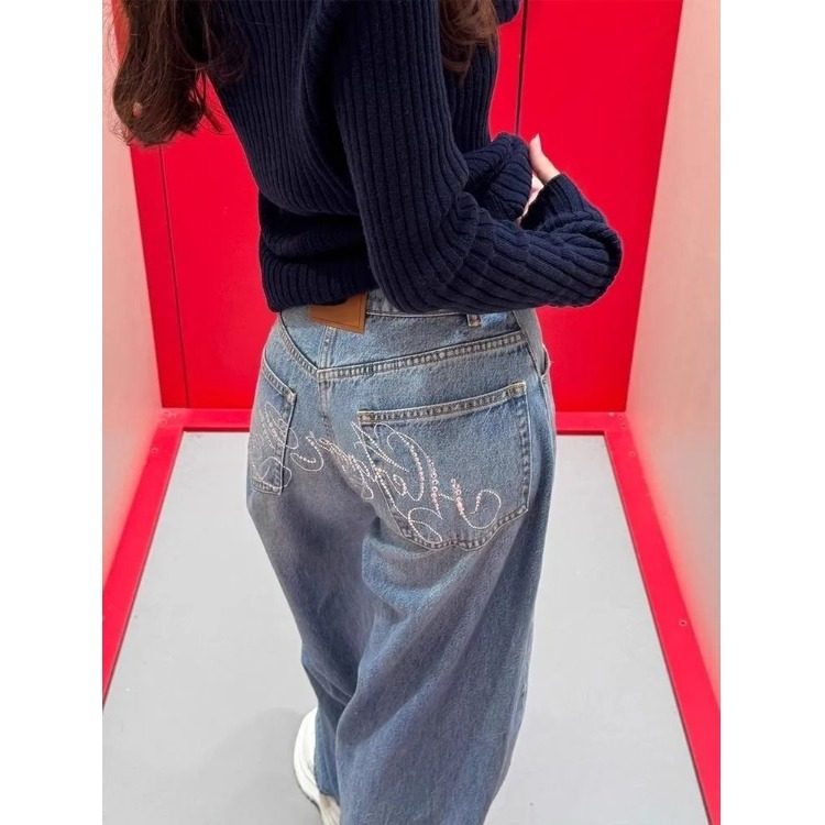 高街复古慵懒风阔腿牛仔裤女秋冬季2025新款高腰显瘦宽松弯刀裤子