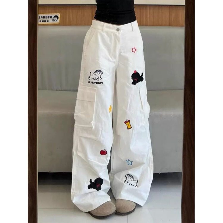 趣味小狗刺绣白色牛仔裤女春秋季2026新款超火工装裤宽松阔腿裤子