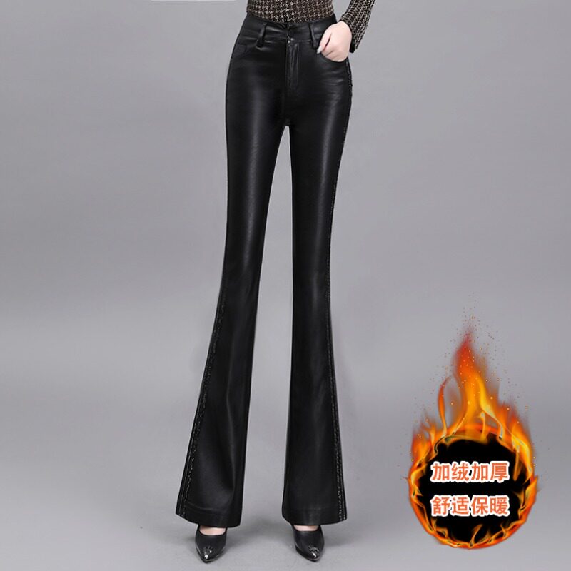 加绒黑色皮裤女冬季2024新款高腰洗水宽松显瘦修身微喇叭PU皮长裤