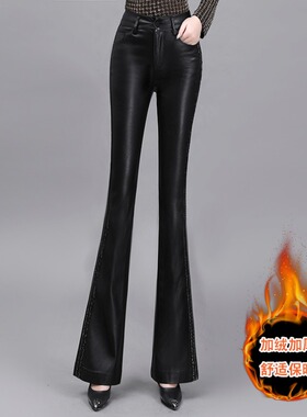 加绒黑色皮裤女冬季2024新款高腰洗水宽松显瘦修身微喇叭PU皮长裤