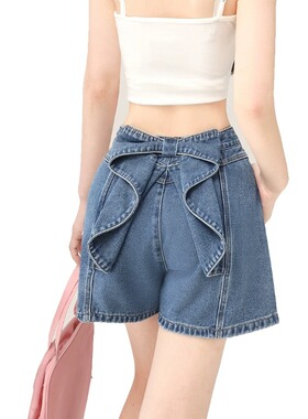 后腰蝴蝶结牛仔短裤女夏季2025新款高腰显瘦阔腿裤子宽松bf慵懒风