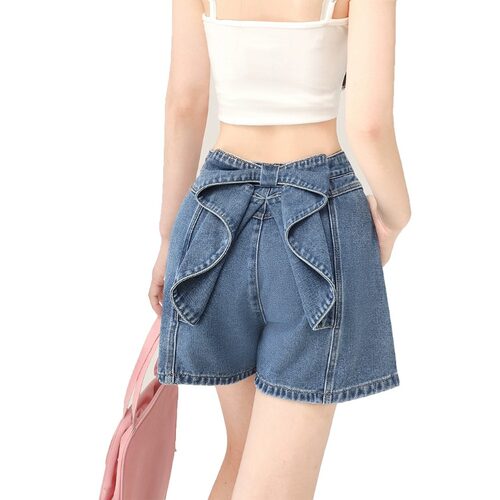 后腰蝴蝶结牛仔短裤女夏季阔腿裤