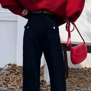 设计感盖袋黑色直筒裤加绒牛仔裤女秋冬季加厚高腰显瘦宽松小黑裤