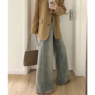 美式复古毛边牛仔裤女秋冬季2025新款加绒加厚保暖显瘦宽松阔腿裤