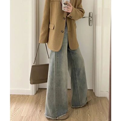 美式复古毛边牛仔裤女秋冬季加绒