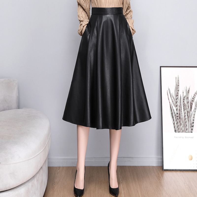 pu皮裙半身裙女秋冬季中长款A字裙2022新款百褶裙子高腰显瘦伞裙