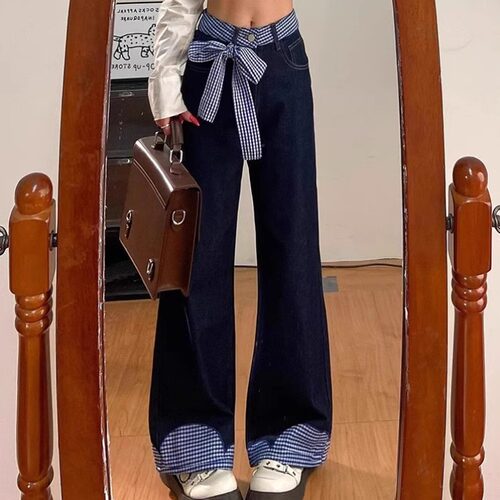 小众设计感拼接牛仔裤女子蝴蝶结