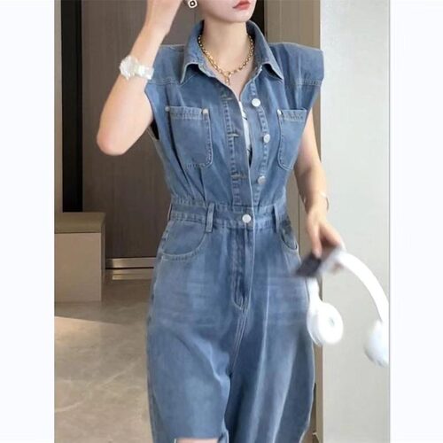 破洞牛仔连体裤女夏季薄款2025新款背带长裤显瘦宽松阔腿连衣裤子