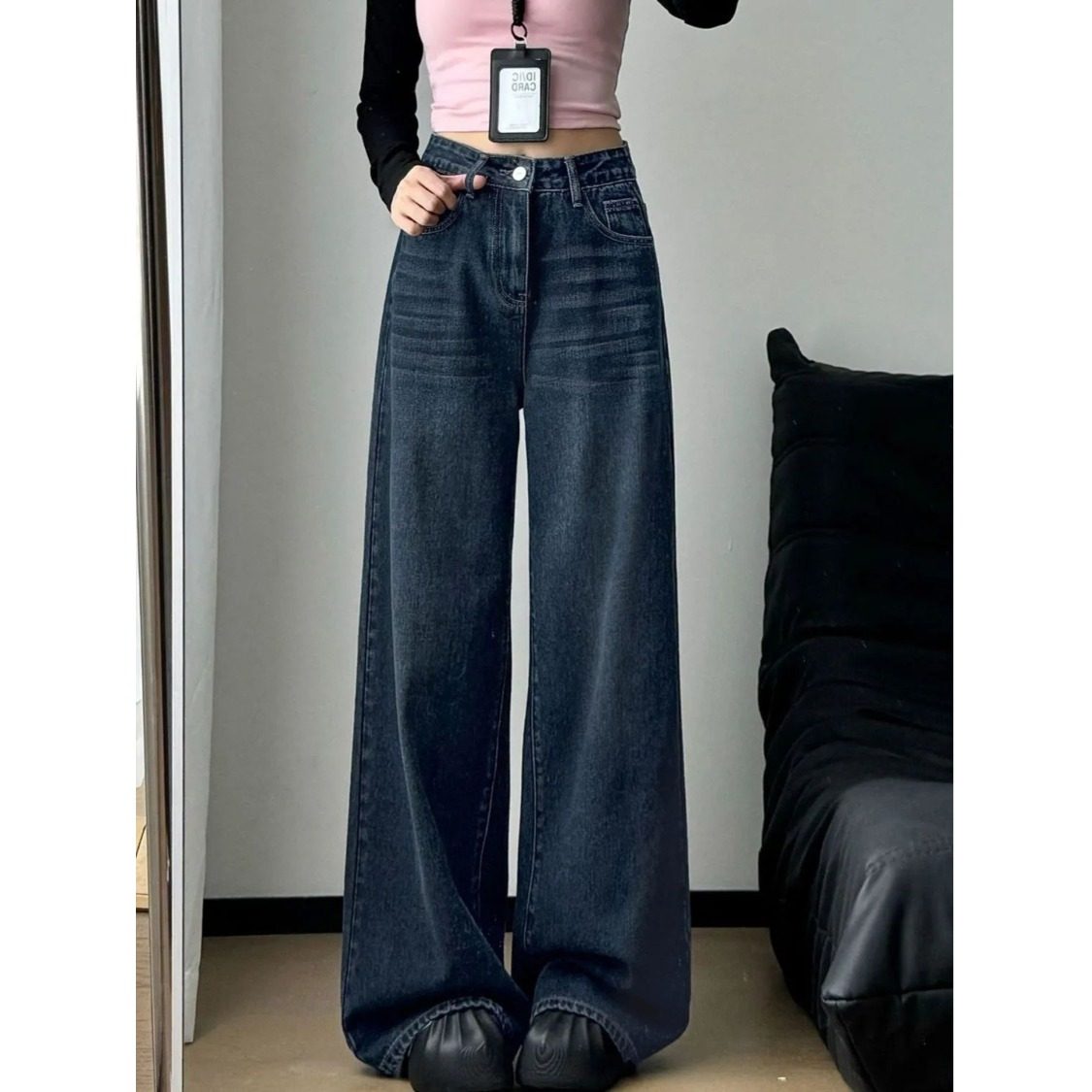 复古高街深蓝色阔腿牛仔裤女春秋季2026新款高腰显瘦宽松直筒裤子