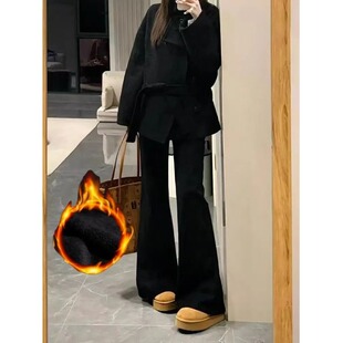 微喇裤子加绒牛仔裤女秋冬季2025新款显瘦修身小个子九分裤喇叭裤