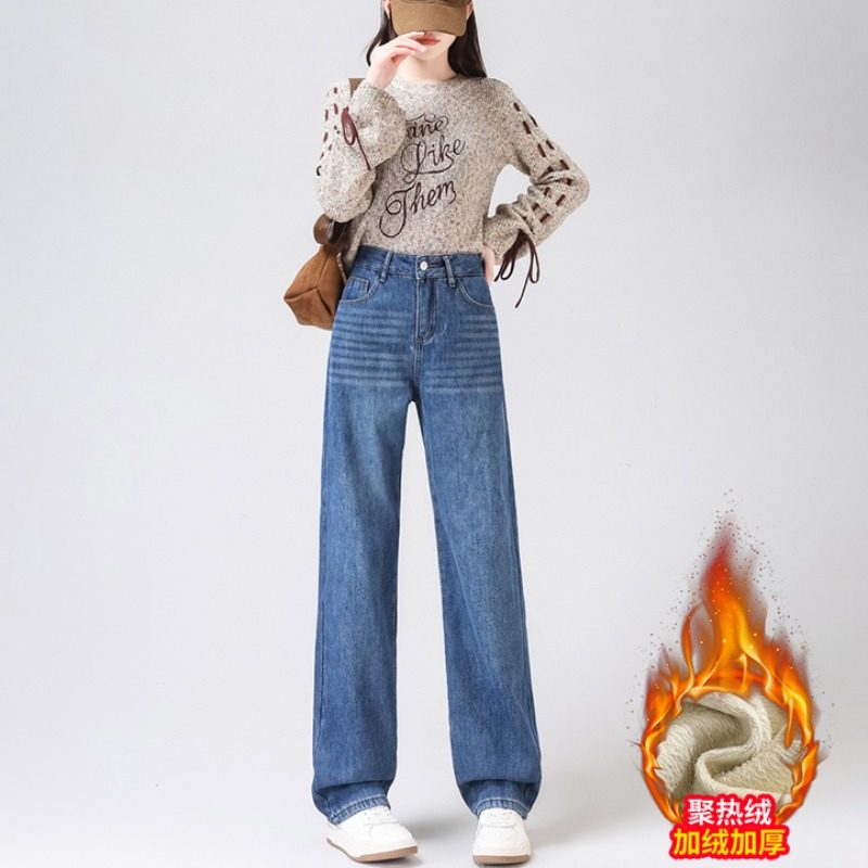 高质量加绒牛仔裤女冬季2025新款高腰显瘦宽松直筒裤小个子九分裤
