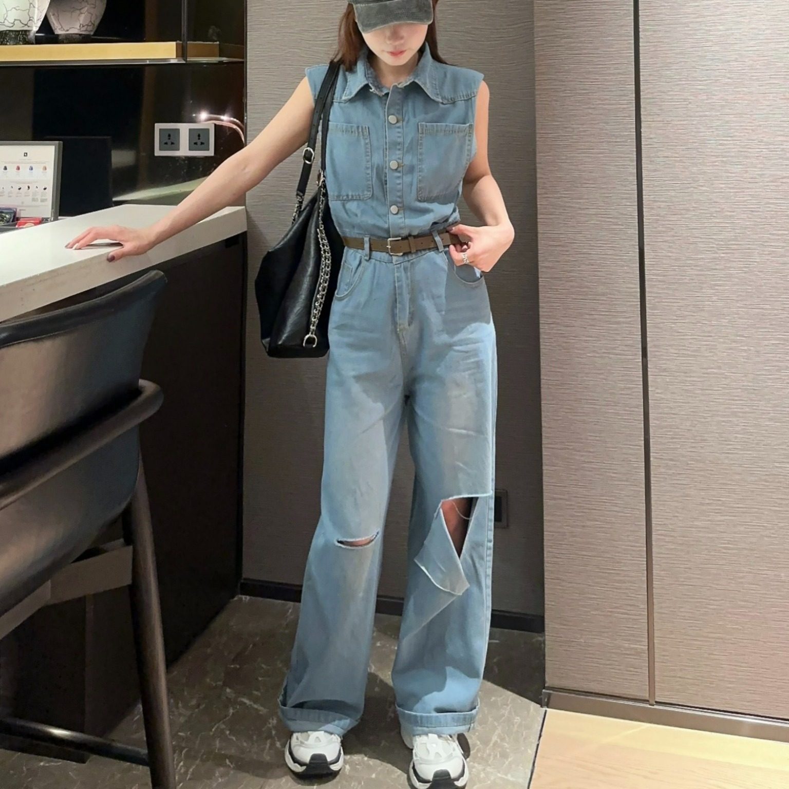 一件式连衣裤女破洞牛仔连体裤子