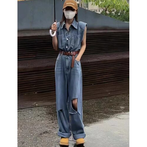 破洞牛仔连体裤子女夏季直筒加长