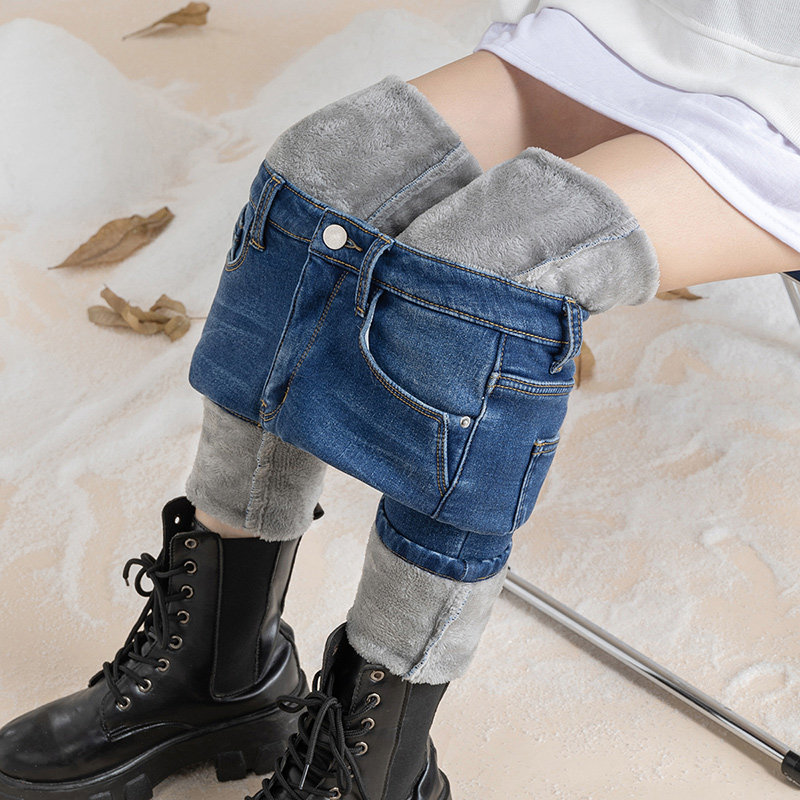 加绒高腰牛仔裤女秋冬季2022新款保暖裤显瘦小脚裤小个子修身九分