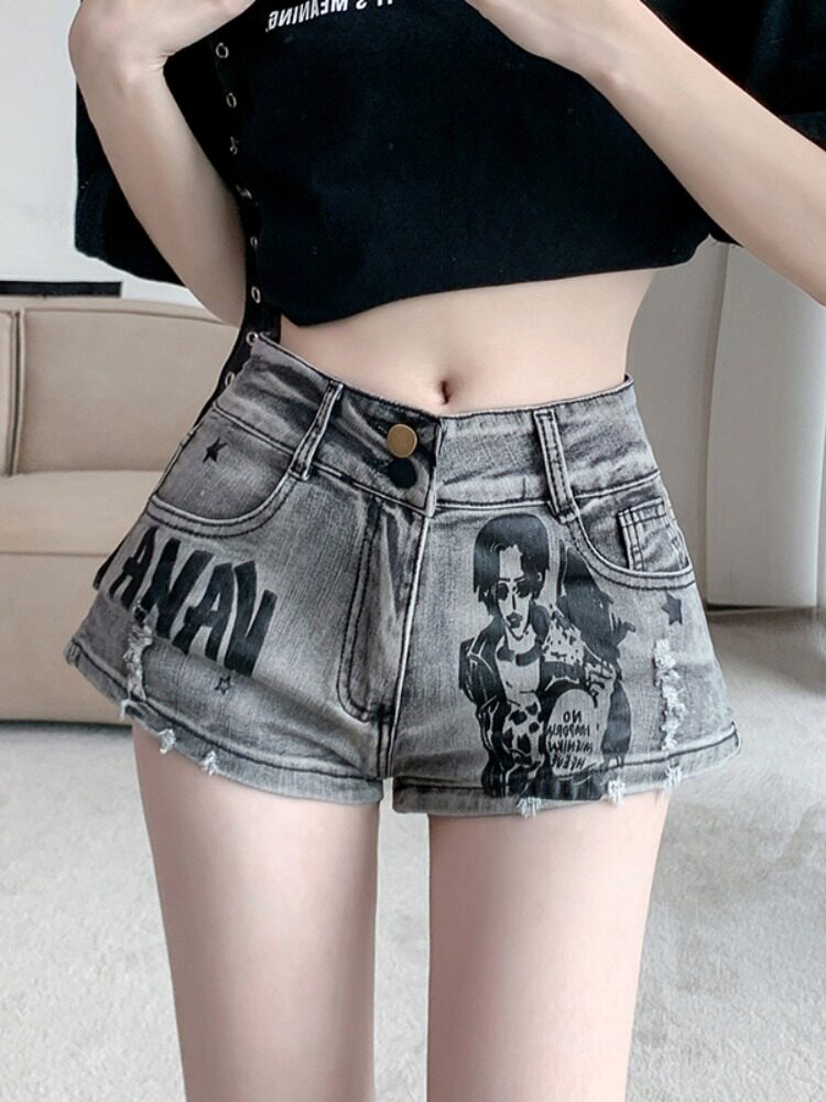 烟灰色破洞牛仔短裤女夏季薄款2024年新款低腰显示修身弹力热裤子