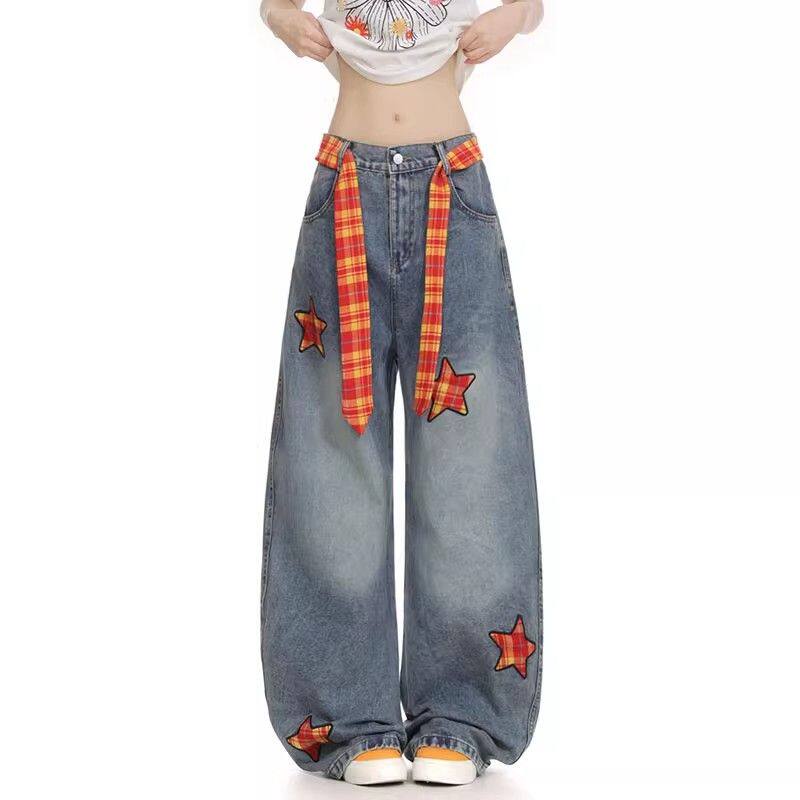 五角星格子贴布牛仔裤女春秋季2026新款百搭设计显瘦宽松阔腿裤子,女装/女士精品,牛仔裤,淘宝优惠券,粉丝福利购,淘宝优惠卷