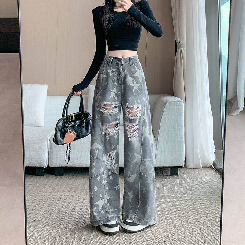 美式复古破洞牛仔裤女阔腿弯刀裤
