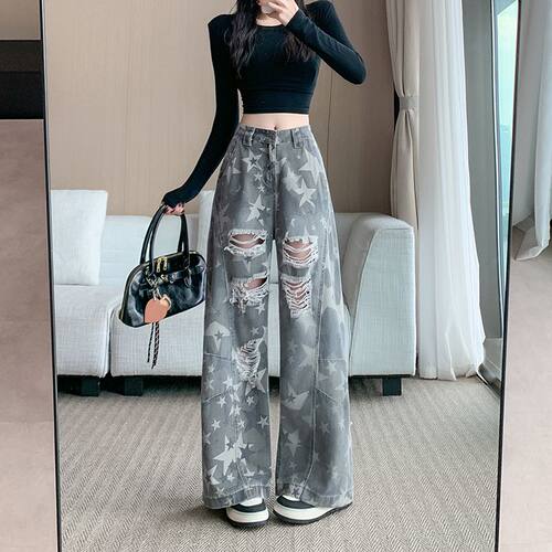 美式复古破洞牛仔裤女阔腿弯刀裤
