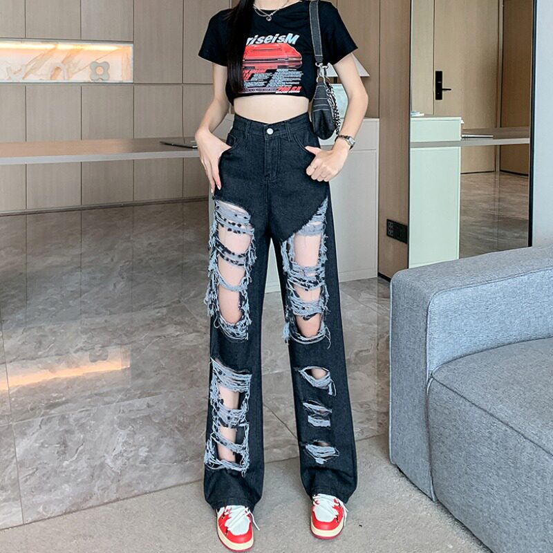 高街乞丐破洞高腰牛仔裤女夏季裤