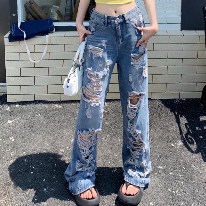 复古高街乞丐破洞牛仔裤子女夏季