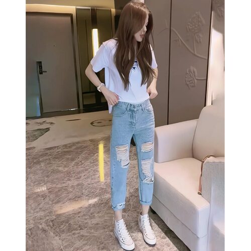 网红乞丐裤破洞牛仔裤女夏季高腰宽松直筒裤显瘦修身阔腿九分裤子