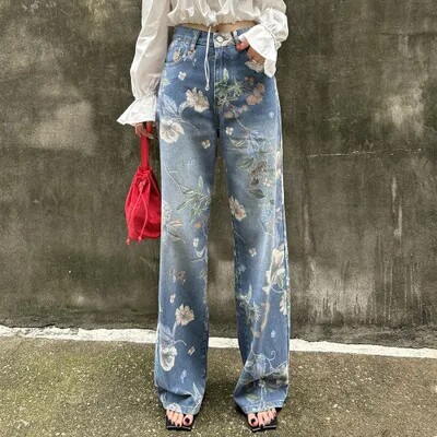 美式复古大花朵直筒牛仔裤女春秋