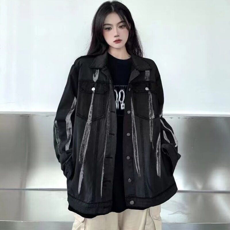 情侣牛仔短外套女春秋季2024新款复古夹克宽松显瘦工装上衣中长款