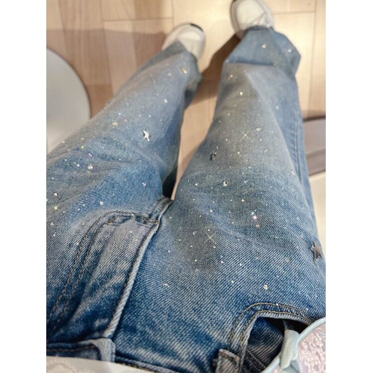 今年流行烫钻闪亮牛仔裤女春秋季2025新款高腰显瘦修身窄版直筒裤